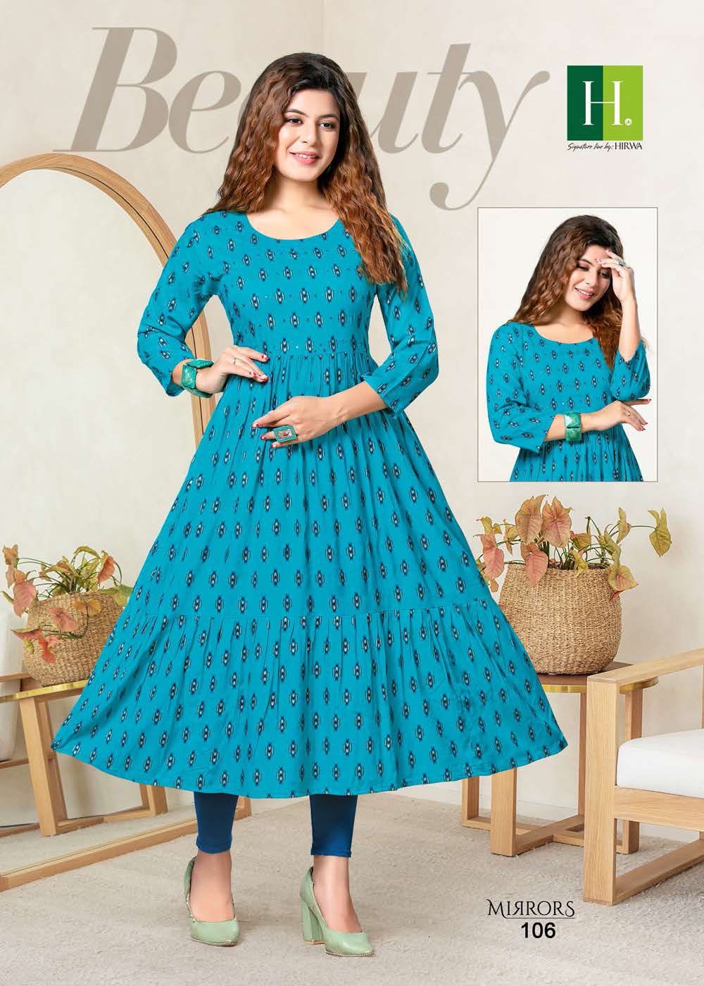 Hirwa Mirrors Heavy Rayon Printed Ethnic Wear Anarkali Kurti Collection